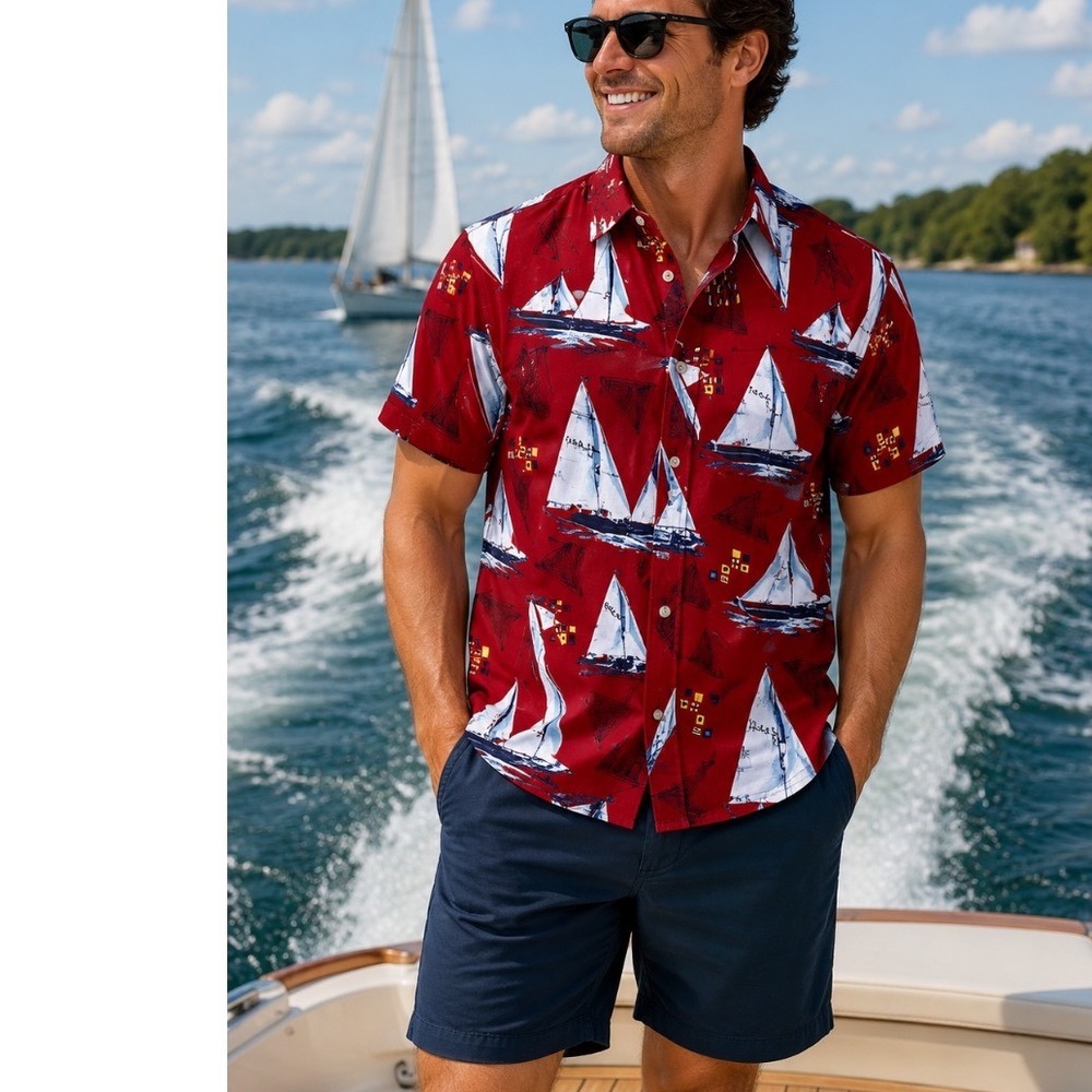 Natural Issue Mens Red Sailboat Nautical Print Short Sleeve Button Down Shirt M